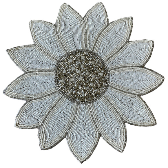 TAHARI HOME Glass Hand Beaded Charger Placemat 15in White Silver Floral NEW - Picture 8 of 14